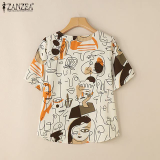 ZANZEA ซานเซีย ผู้หญิงแฟชั่นเกาหลีรอบคอกราฟฟิตีพิมพ์เสื้อแขนสั้น