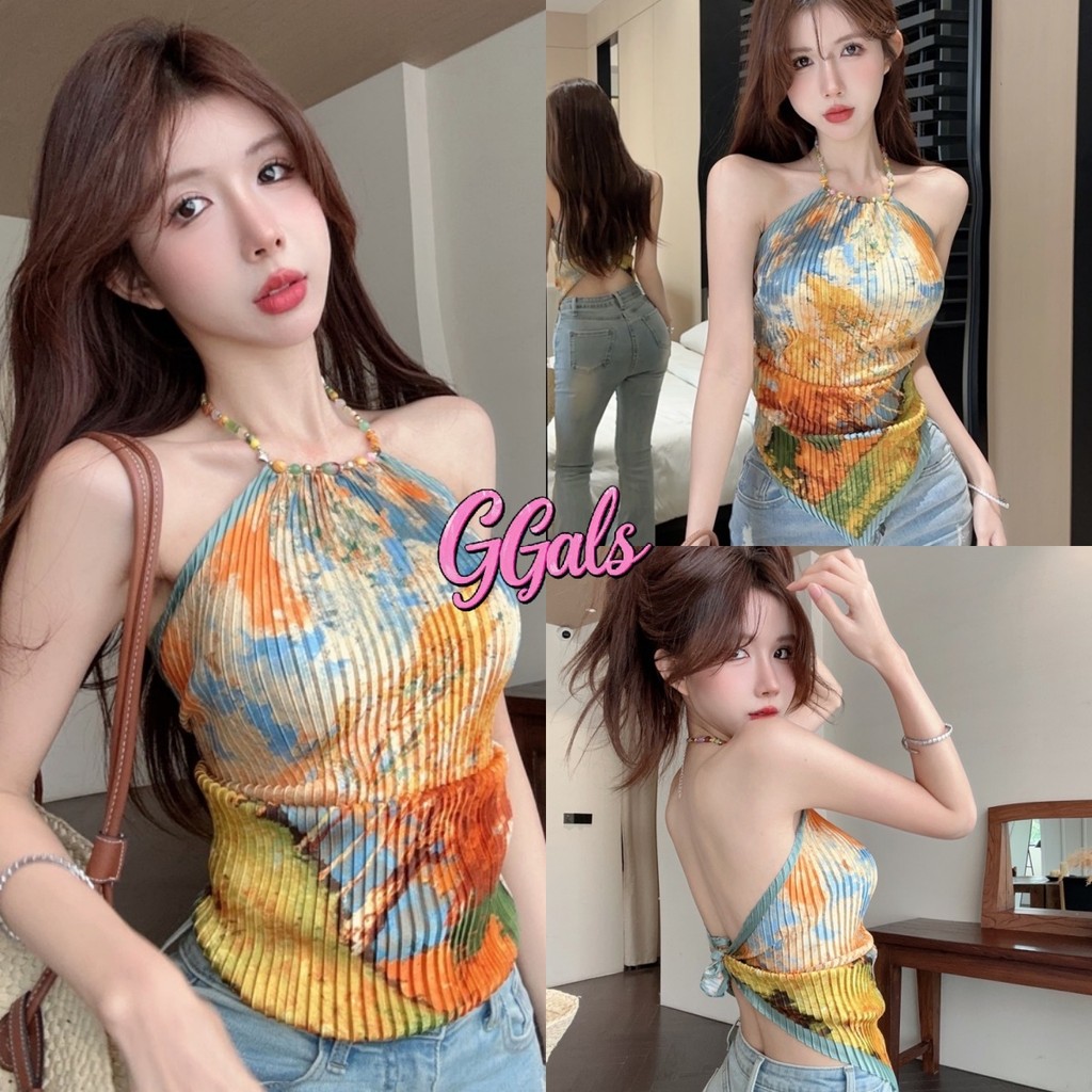 🌷GGals🌷เสื้อกล้าม คล้องคอ ผูกมัดหลัง ดีเทลสายใส่ลูกปัด เสื้อแขนกุด สไตล์เรโทร ลายสดใส ใส่สบาย แฟชั้น