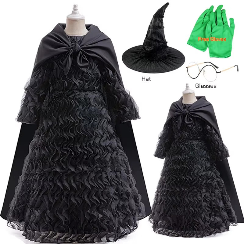 Wicked Elphaba เครื่องแต่งกายแม่มดคอสเพลย์สีดํา Ruffled ชุดเสื้อคลุมถุงมือหมวกแหลมชุดฮาโลวีนสําหรับเด็กผู้หญิง