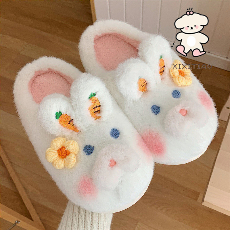 Xitiao ฤดูใบไม้ร่วงฤดูหนาว Leisure บ้านในร่ม Warm Plush รองเท้าแตะผ้าฝ้ายหญิงการ์ตูนน่ารักกระต่าย Soft Sole Baotou Confinement รองเท้า