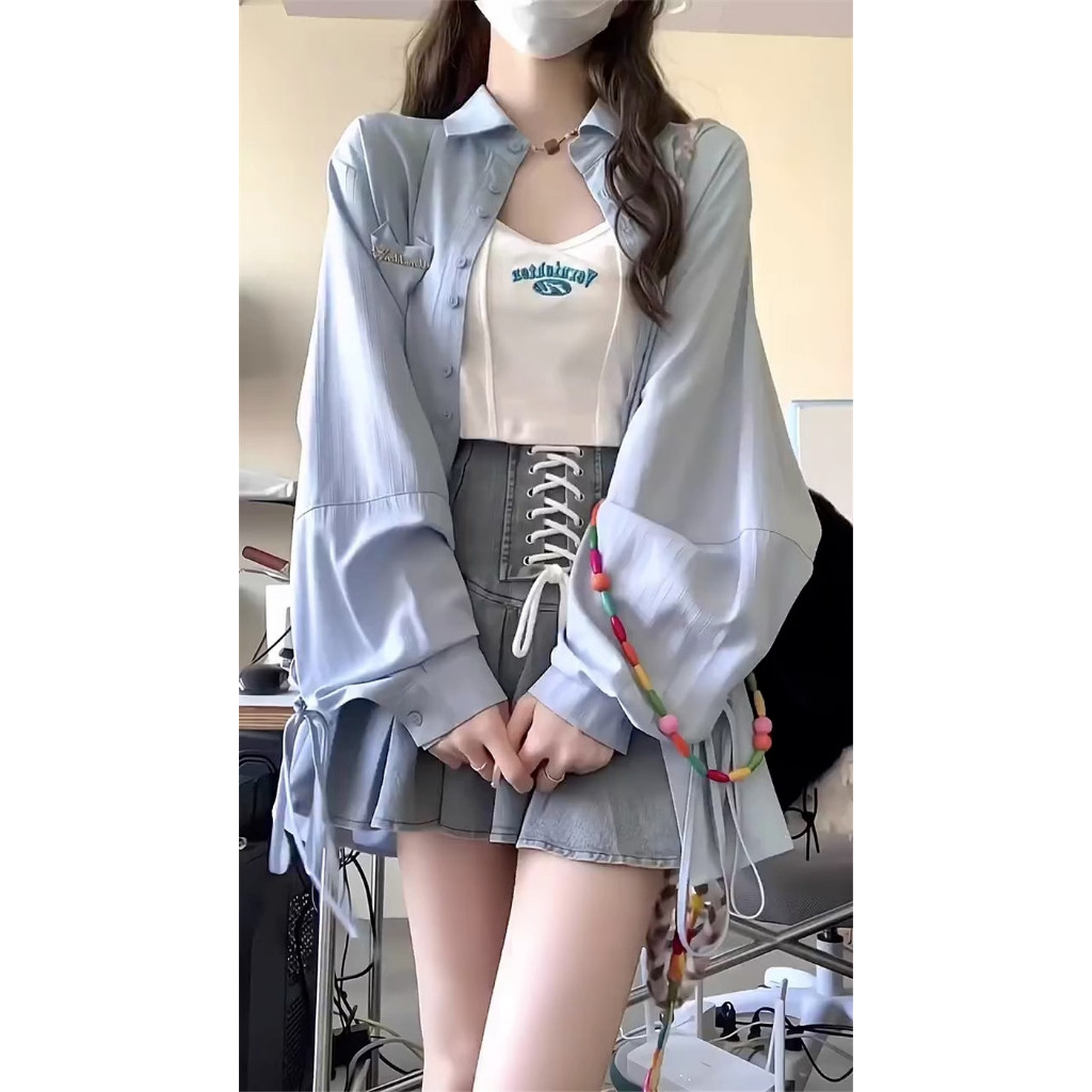 💙 HHB009 💙 เสื้อเชิ้ตผู้หญิงคอปกแขนยาว ปลายเสื้อแต่งโบว์น่ารัก มีกระเป๋าสีทึบเรียบง่าย ทรง oversize 