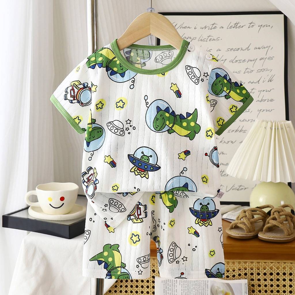 ✨✨ชุดนอนเด็ก ผ้าฝ้ายเนื้อบาง นุ่ม สบาย เซ็ต2ชิ้น เสื้อคอกลม+กางเกงขา แฟชั่นฤดูร้อน✨✨