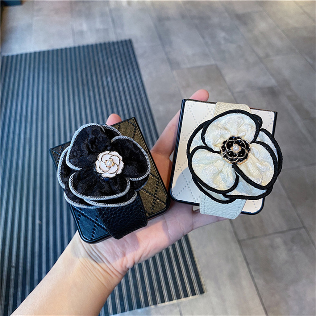 เคสโทรศัพท์ตาข่ายหรูหราพร้อมสายรัดสายรัดข้อมือดอกไม้ดอกเคมีเลียสําหรับ OPPO Find N3 Flip N3Flip ฝาหลังกันกระแทก