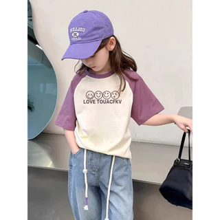 (จัดส่งตลอด 24 ชั่วโมง) KIDS PRINCESS เด็กผ้าฝ้ายสีชนกันแขนสั้นฤดูร้อนใหม่เสื้อยืดเด็กครึ่งแขนด้านบน D16