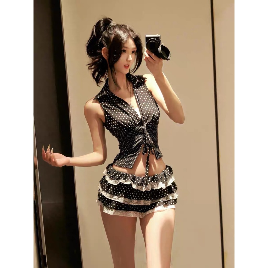 ✨Retro สาวร้อนสไตล์ Polka Dot Lapel เสื้อแขนกุดลูกไม้เค้กกระโปรงสูท