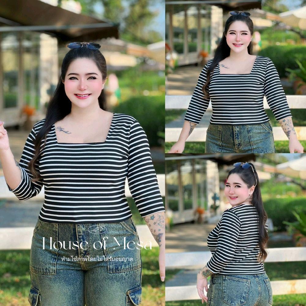 Plussize เสื้อครอปคอเหลี่ยมลายริ้ว เสื้อสาวอวบ อก 38-52นิ้ว