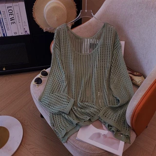 คอกลมเวอร์ชั่นเกาหลีแขนยาวหลวมเสื้อสม็อคของผู้หญิงกลวงถักฤดูร้อนด้านบน