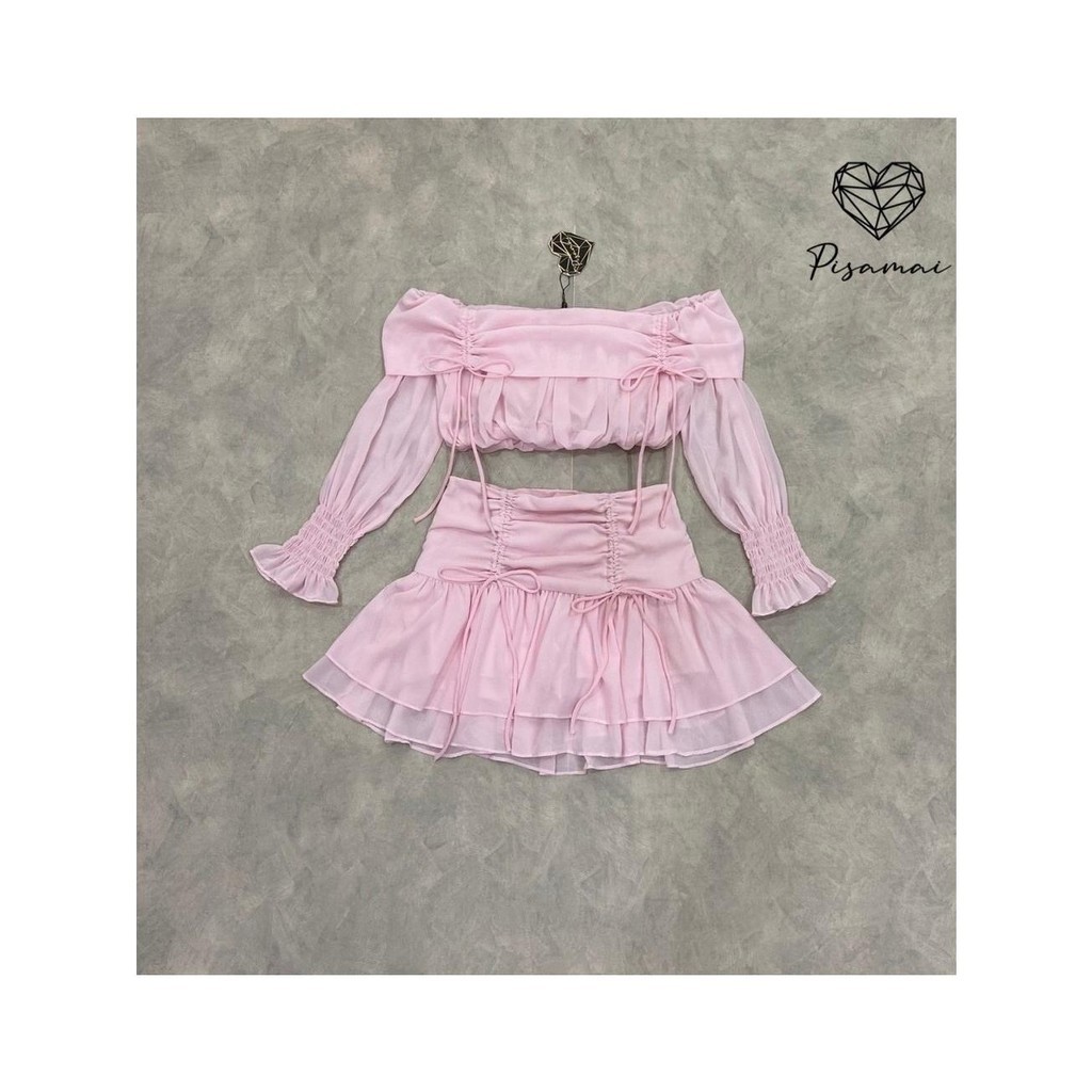 Shop_DD (พร้อมส่ง) PISAMAI36   เซ็ตเสื้อปาดไหล่ชีฟองสีมพู มาคู่กับกระโปรงตัวสั้น