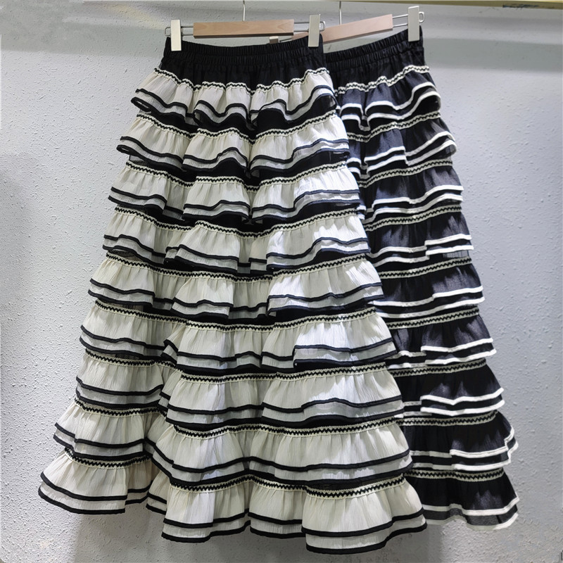 Contrast สีผ้าโปร่งด้านข้างกระโปรงเค้กหวานภาษาฝรั่งเศสคํา a-Line Pettiskirt เอวสูง Slimmer ดูปก Crotch กระโปรงยาวปานกลาง