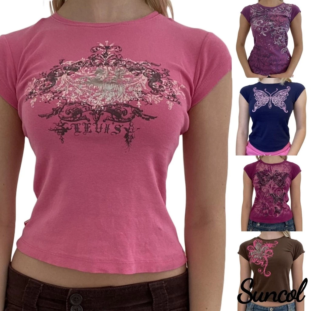 Suncol-womens เสื้อยืดแขนสั้นลําลองพิมพ์วินเทจรอบคอสัมผัสสะดือ Slim Fit Tops