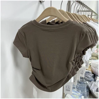 ฤดูร้อนแขนสั้นหญิงอ้วนบน ผอมเพียว เสื้อผ้าแฟชั่นเกาหลีราคาถูก จีบข้าง เสื้อยืดรัดรูปสวยๆผู้หญิง ผ้ายืดดีมากใส่สบาย