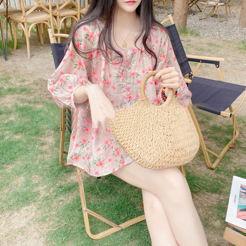 ฤดูร้อนเกาหลีรุ่นหลวม v คอโคมไฟแขน High-End ดอกไม้ผ้าฝ้ายผ้าลินินเสื้อเด็กเสื้อบันทึก Happy ถัก 38H3