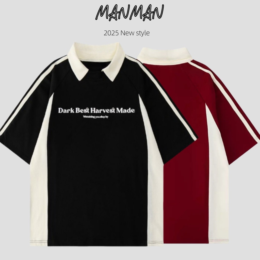 M＆M เสื้อโปโลชายลายทางสไตล์อเมริกัน แขนสั้นคอปกเสื้อผู้ชายและผู้หญิง ชุดคู่รักทรงหลวม พิมพ์ลายตัวอักษร