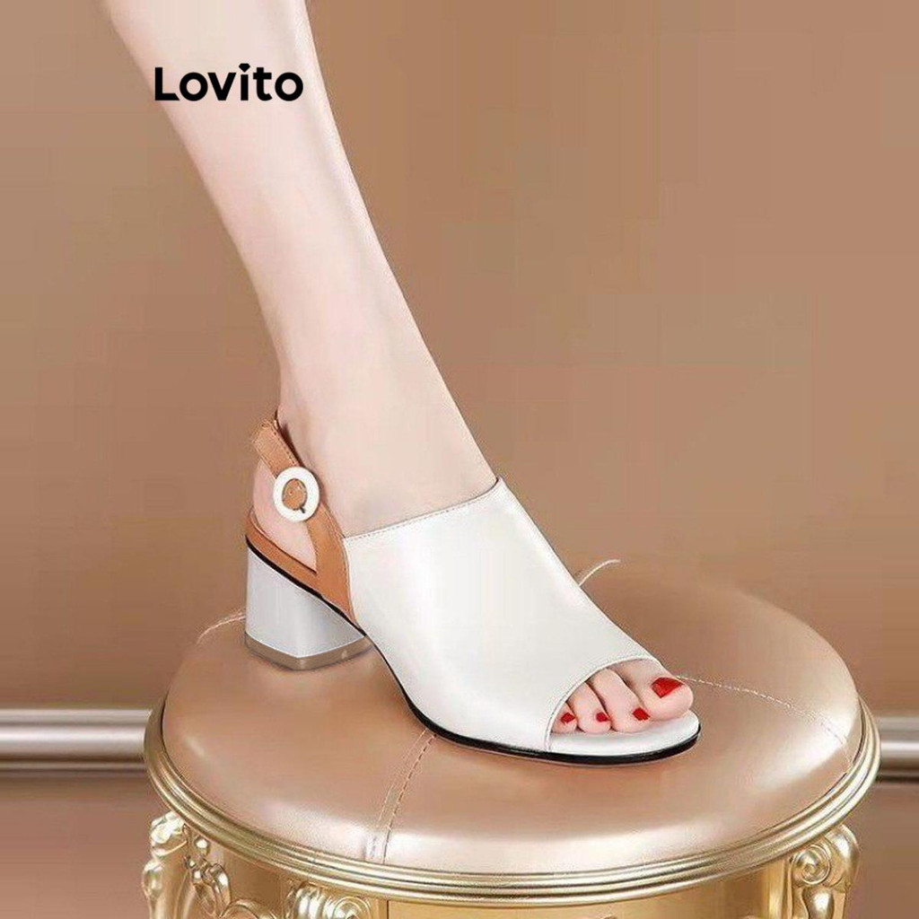 Lovito สง่างามธรรมดา บล็อกสี รองเท้าปากปลาส้นบล็อกอเนกประสงค์ที่เรียบง่ายสําหรับผู้หญิง  LFA65247