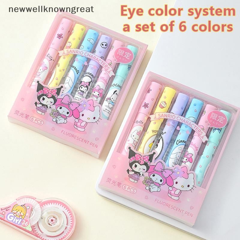 Newwellknowngreat 6 ชิ้นแฟชั่นการ์ตูนอะนิเมะ Highlighters Kawaii Fluorescent Markers ชุดเครื่องเขียนโรงเรียน CAD