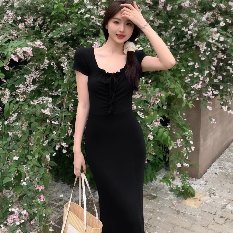 Kaekai พร้อมส่ง เดรสยาว คอยู แขนสั้น ดีไซน์สม็อคกลางอก เก๋ๆ ทรงสวยเข้ารูป ผ้าเรยอน ยืดๆ แบบทิ้งตัว ใส่สบายมาก - รูปที่ 3