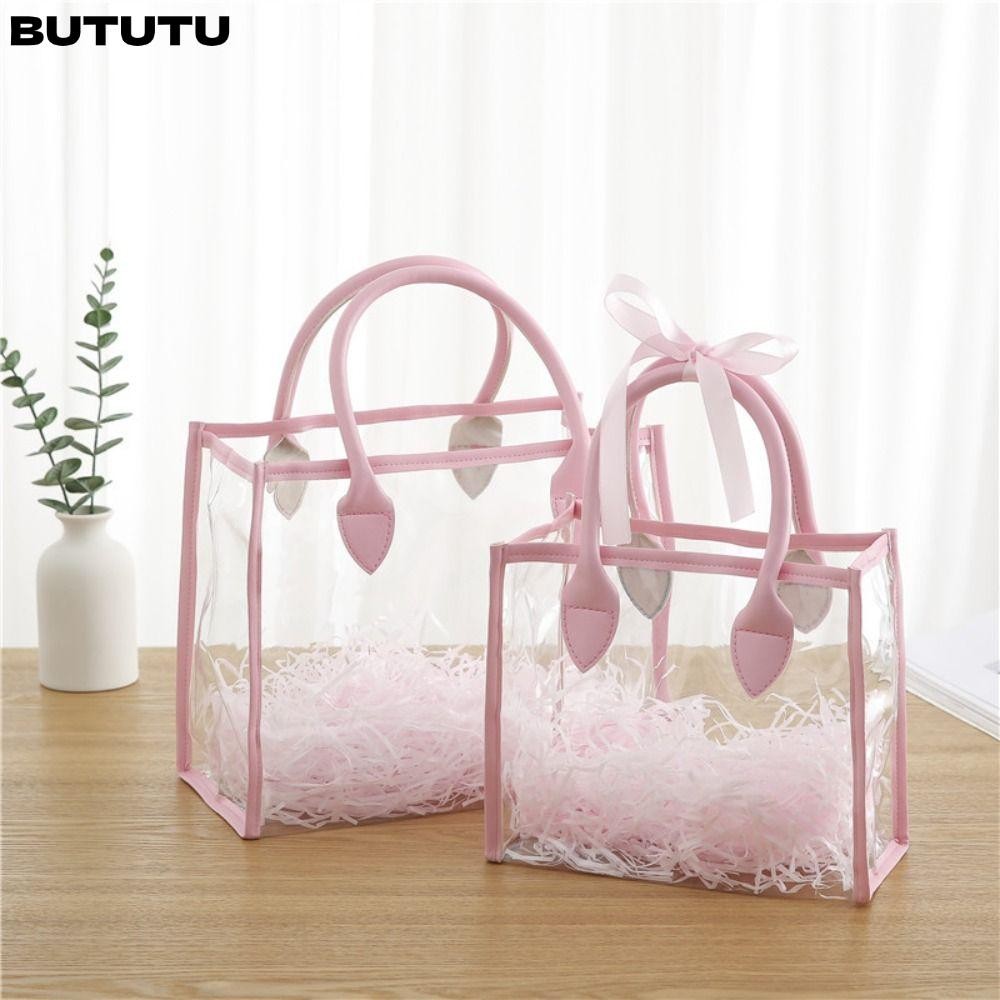ถุงของขวัญ BUTUTU, PVC โปร ่ งใส Handhold Packaging Tote, สีชมพูสีขาวกันน ้ ําถุงช ้ อปปิ ้ งความจุขนาดใหญ ่