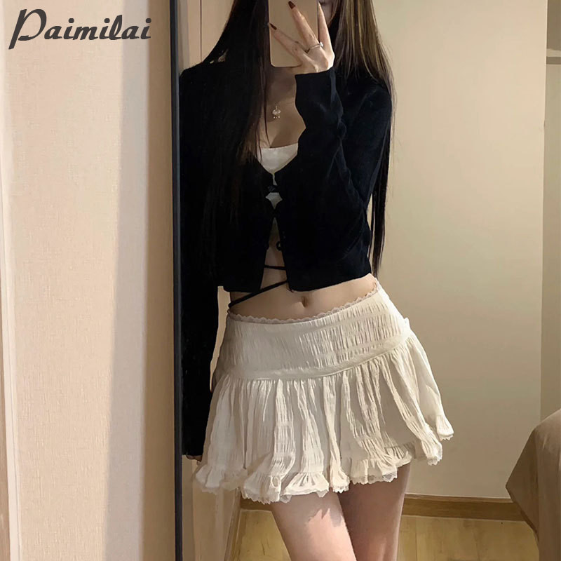 Paimilai กระโปรงทรงเค้ก ขอบลูกไม้ สําหรับผู้หญิง สไตล์บัลเล่ต์ เอวสูง กระโปรงพอง สีขาว