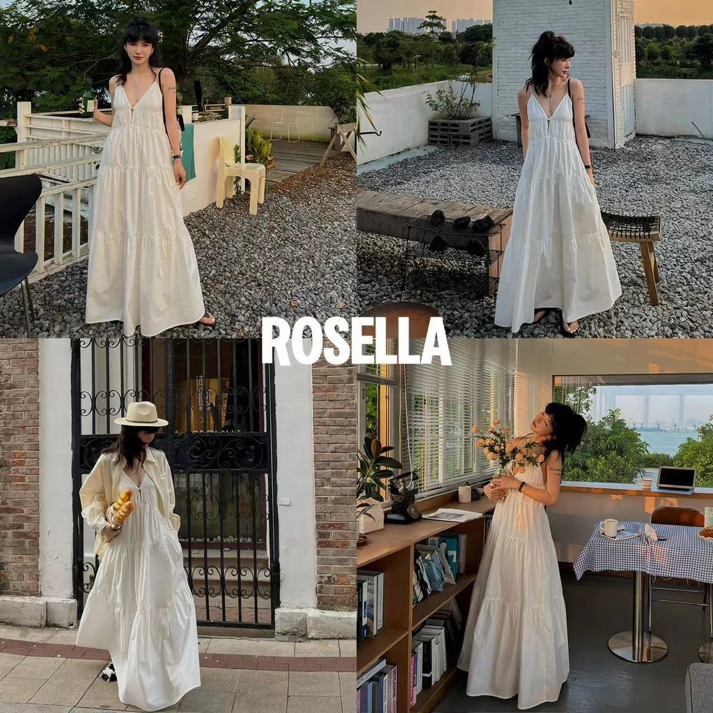 Rosella ชุดเดรสกระโปรงยาวคอวีเปลือยสไตล์ฝรั่งเศสสำหรับผู้หญิงฤดูร้อนใหม่วันหยุดริมทะเลกระโปรงยาว