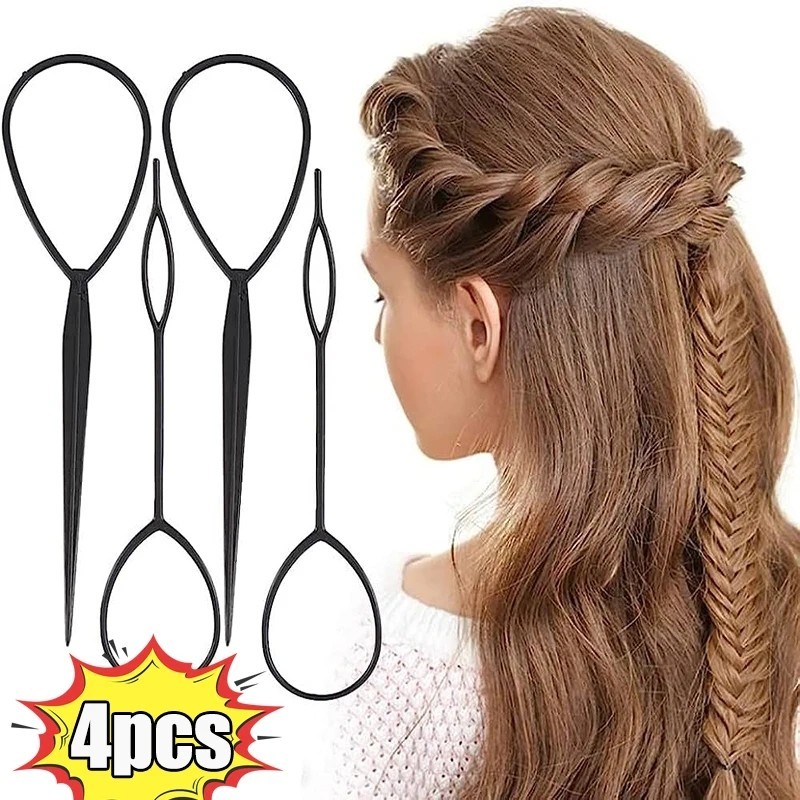 ชุดเครื่องมือจัดแต่งทรงผมหางม้า 4 ชิ้น - ดึงพิน - เข็มหางม้า Topy Loop - เครื่องม้วนผมเข็มถัก - เครื่องม้วนผมหัวบอล - อุปกรณ์ห่วงพลาสติก