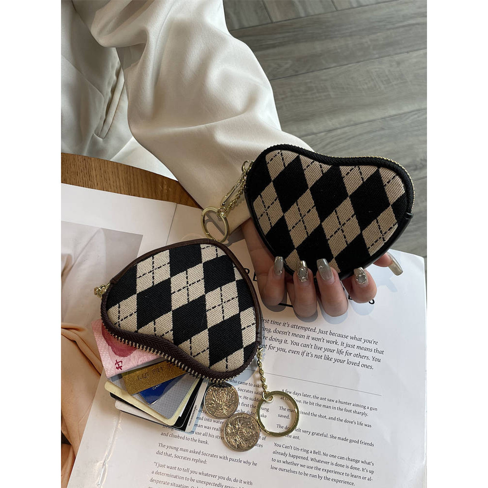 SENSES// 2024 Cute Fashion Canvas Mini Coin Bag Small Coin Purse Female with Hearts Key Storage Smal