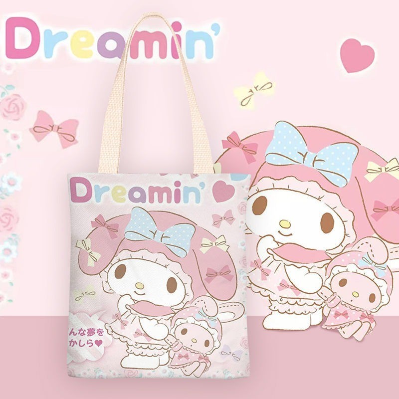 Sanrio Hellokitty กระเป ๋ าผ ้ าใบ Kuromi Cinnamoroll My Melody กระเป ๋ าสะพายไหล ่ ผู ้ หญิง Casual ความจุขนาดใหญ ่ ช ้ อปปิ ้ งสาวของขวัญ