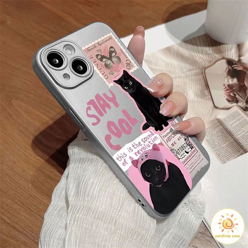 เคสโทรศัพท์โลหะชุบโลหะลายแมวสีชมพู ไอโฟน11 For iPhone12 13 14 15Pro MAX X XS XR 7 8Plus SE2020 เคสโทรศัพท์