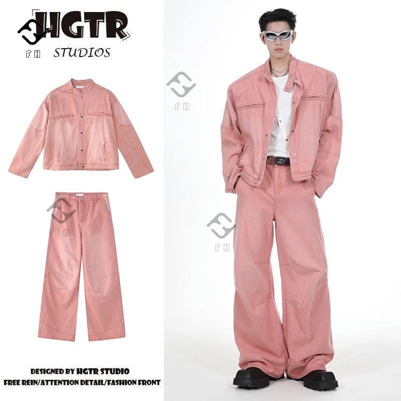FH【2pcs】เกาหลี ชุดยีนส์สีชมพู ชาย TikTok ร้อนสุดๆ เสื้อโค้ท คุณภาพสูง ล้างด้วยน้ำ สูท ขนาดใหญ่ S-3XL