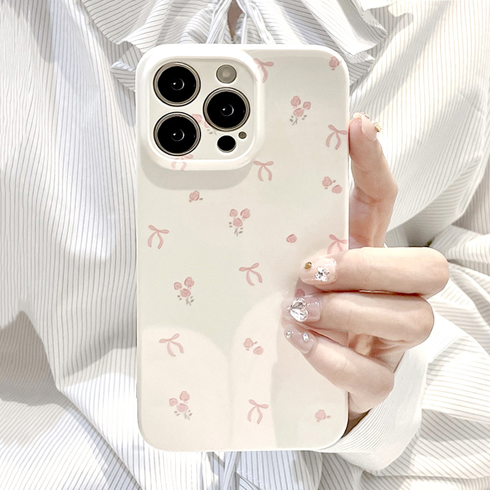 สีชมพูดอกไม้ริบบิ้น Bowknot Glossy เคสโทรศัพท์สําหรับ IPhone 11 12 13 14 15 16 Pro Max 16plus XR XS Max 8 7 Plus SE เลนส์กันกระแทก Hard TPU ฝาหลัง