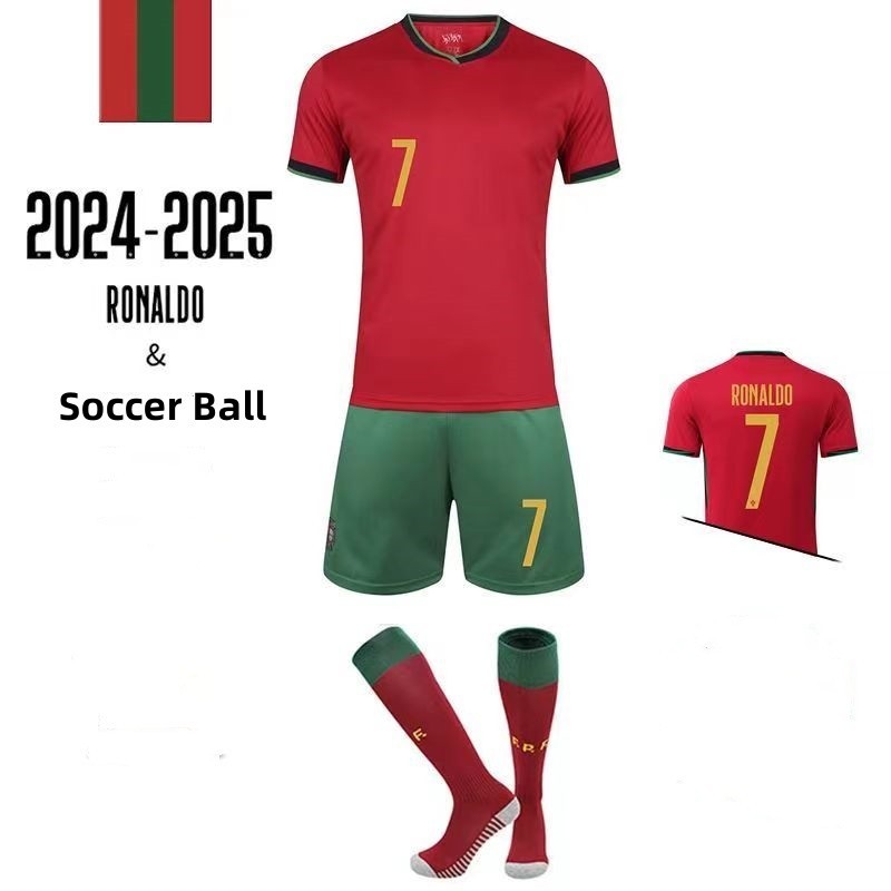 Uhome24-25 Portugal Home Football Kids Jersey Set Cristiano Ronaldo CR7 เสื้อกีฬาชุดสําหรับเด็กและผู