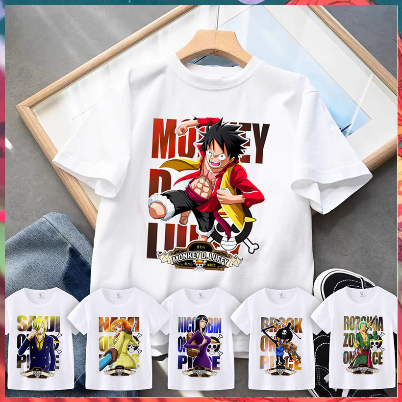 1-8 ปีเด ็ กชายแขนสั ้ นเสื ้ อยืดสีขาว One Piece อะนิเมะฤดูร ้ อนเด ็ กผู ้ ชายผู ้ หญิงสไตล ์ เดียวกัน