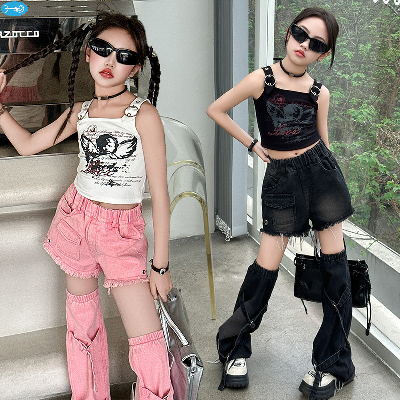 สาวฮิปฮอปประสิทธิภาพเครื่องแต่งกายสูท5-14ปีฤดูร้อนเด็กแฟชั่นเสื้อกั๊ก+กางเกงขาสั้นผ้ายีนส์ชุดสองชิ้น