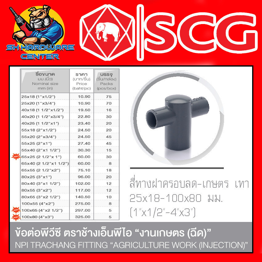 SCG ข้อต่อสี่ทางฝาครอบลด-เกษตร เทา ขนาด 1/2" - 4นิ้ว (ขายยกลัง จำนวนตามตารางในรูป)"