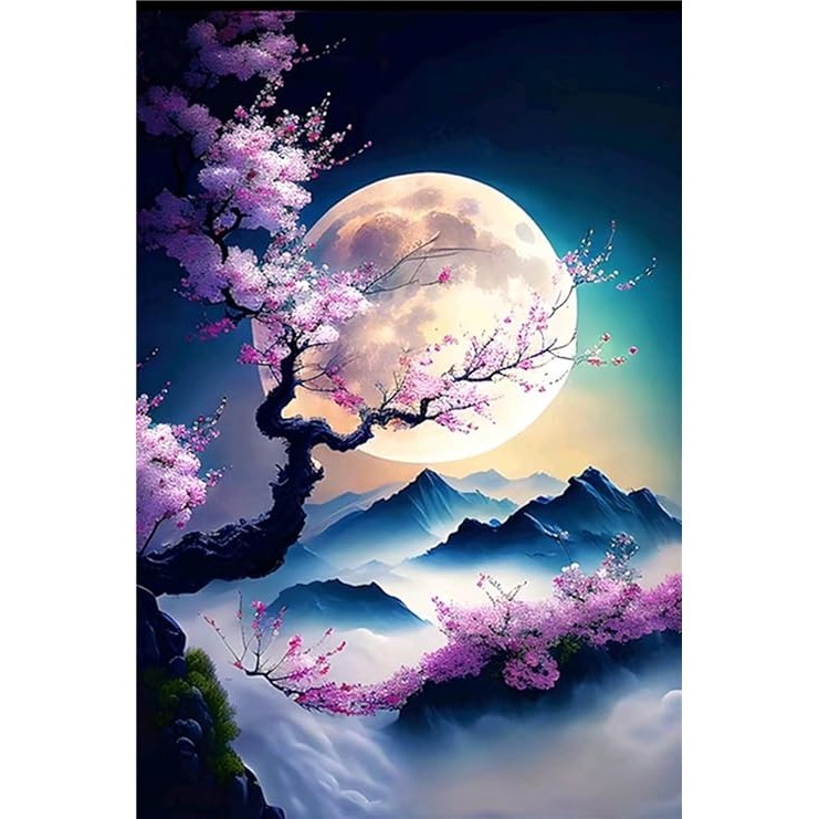 ชุดภาพวาดเพชร 5ง - ภาพวาดภูมิทัศน์พระจันทร์เต็มดวงตกแต่งผนังศิลปะ-โมเสคของขวัญบ้านทําด้วยมือ-ห้องนั่งเล่นห้องนอนตกแต่ง