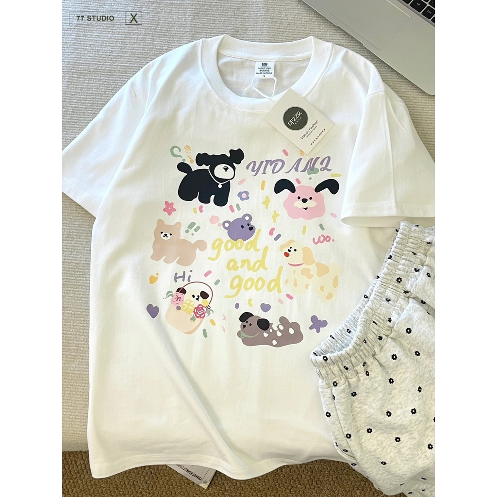 ส่งของทุกวันเสื้อยืดไซส์ใหญ่ เสื้อยืด ใส่สบายๆ น่ารัก สไตล์เกาหลี ลูกหมา แขนสั้นการ์ตูน oversize S-3XL