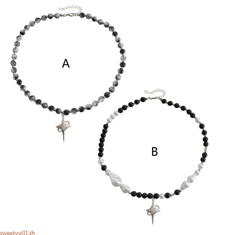 Sweetyvi1 Vintage Beaded Crossed Star สร ้ อยคอสําหรับผู ้ หญิงแฟชั ่ นความงาม Y2k เครื ่ องประดับ
