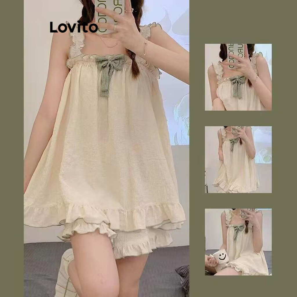 Lovito ชุดนอนผู้หญิง แต่งขอบหยัก แต่งโบว์ บล็อกสี สีพื้น สไตล์ลำลอง LNE49251