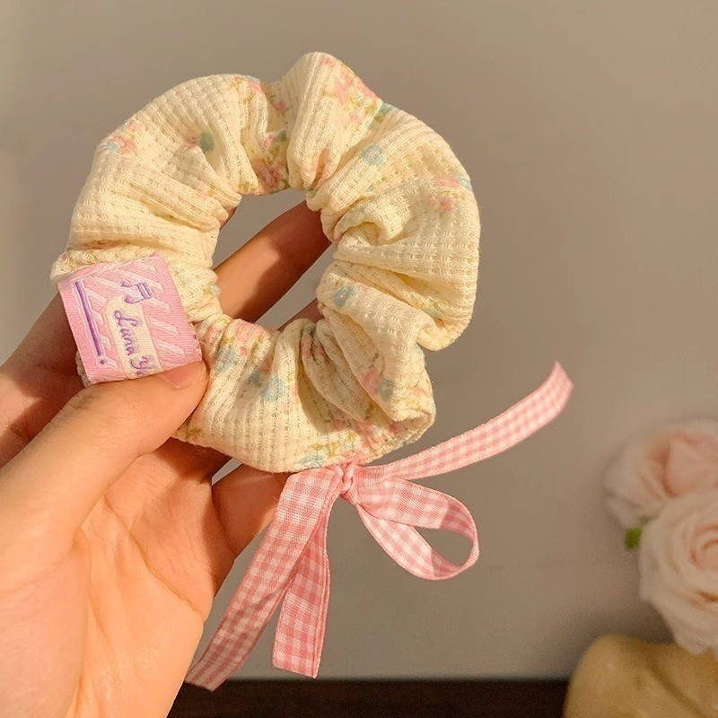 Simple ลายสก๊อตดอกไม้ยืดหยุ่นผมขนาดใหญ่ - Elegant Lace Bow Scrunchies - สาวผมหางม้ายางรัดผ้าโพกศีรษะ
