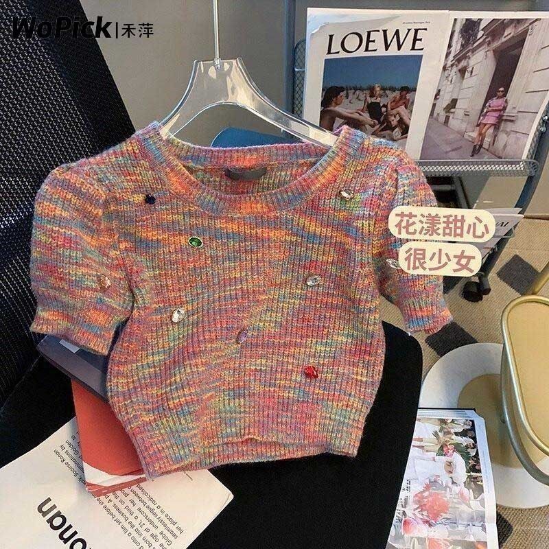 Heping Xiaoxiang สไตล์ Rainbow อัญมณีเสื้อถักผู้หญิง 2023 ฤดูร้อนแฟชั่น Slim-fit เสื้อยืดแขนสั้นสาวร