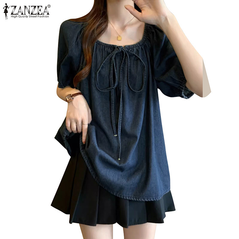 Zanzea ผู ้ หญิงเกาหลีหลวมแขนสั ้ น Denim Drawstring เสื ้ อคอเรือ