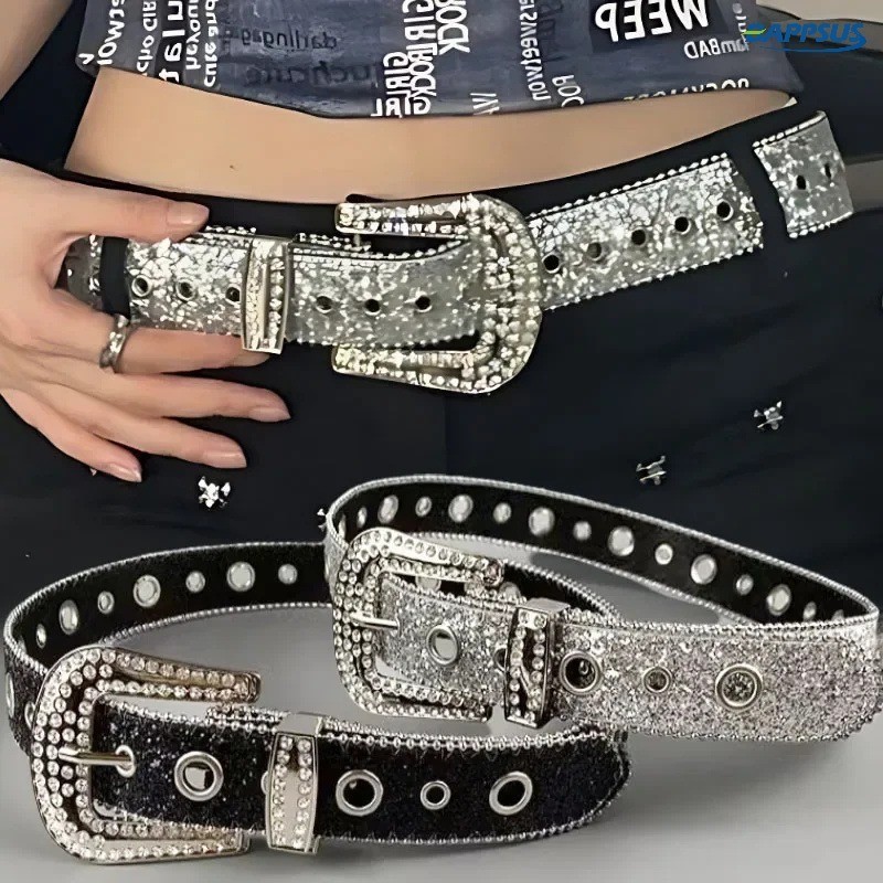 อินเทรนด์ Sparkly Rhinestone เข็มขัดหนัง PU- Y2K Sweet Cool ผู้หญิงตกแต่งเข็มขัด-แฟชั่นสบายๆหญิง Girdle สําหรับชุดกางเกงยีนส์