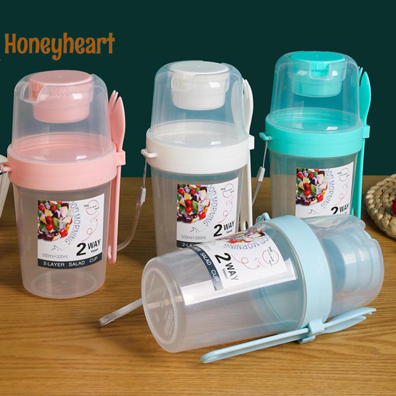 <Honeyheart> อาหารเช้าผลไม้ข้าวโอ๊ตโยเกิร์ตสลัดถ้วยพร้อมฝาปิดและช้อนสองชั้นเก็บอาหารกล่องเบนโตะฟิตเนสไขมัน-ลดชาม Taper Nice