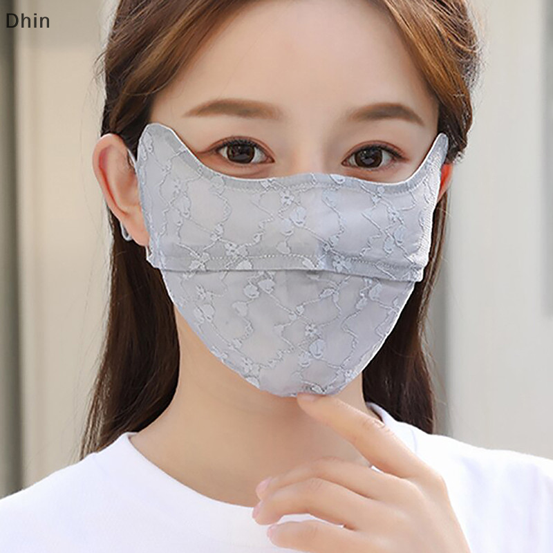 [Dhin ] Universal Summer Thin Lace Mask Sunshade Solid Color Face Cover Strap Hanging Ear UV Protection Mask COD