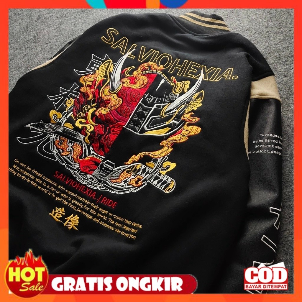 SOFT, COOL, THICK MATERIAL / Varsity Jacket BLACK CREAM Premium Mens Varsity Jacket หนังสีดํา Nascar