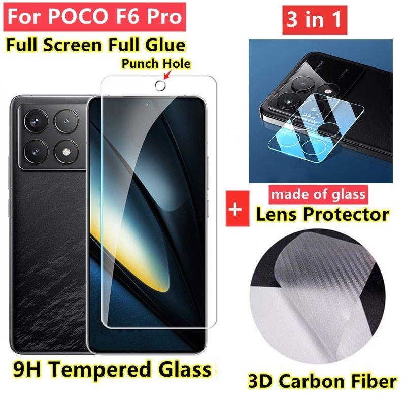 ฟิล์ม POCO F6 Pro กระจกนิรภัย POCO F6 ตัวป้องกันหน้าจอพร้อมรูเจาะรูกระจกแบบเต็มตัวป้องกันเลนส์กล้องก