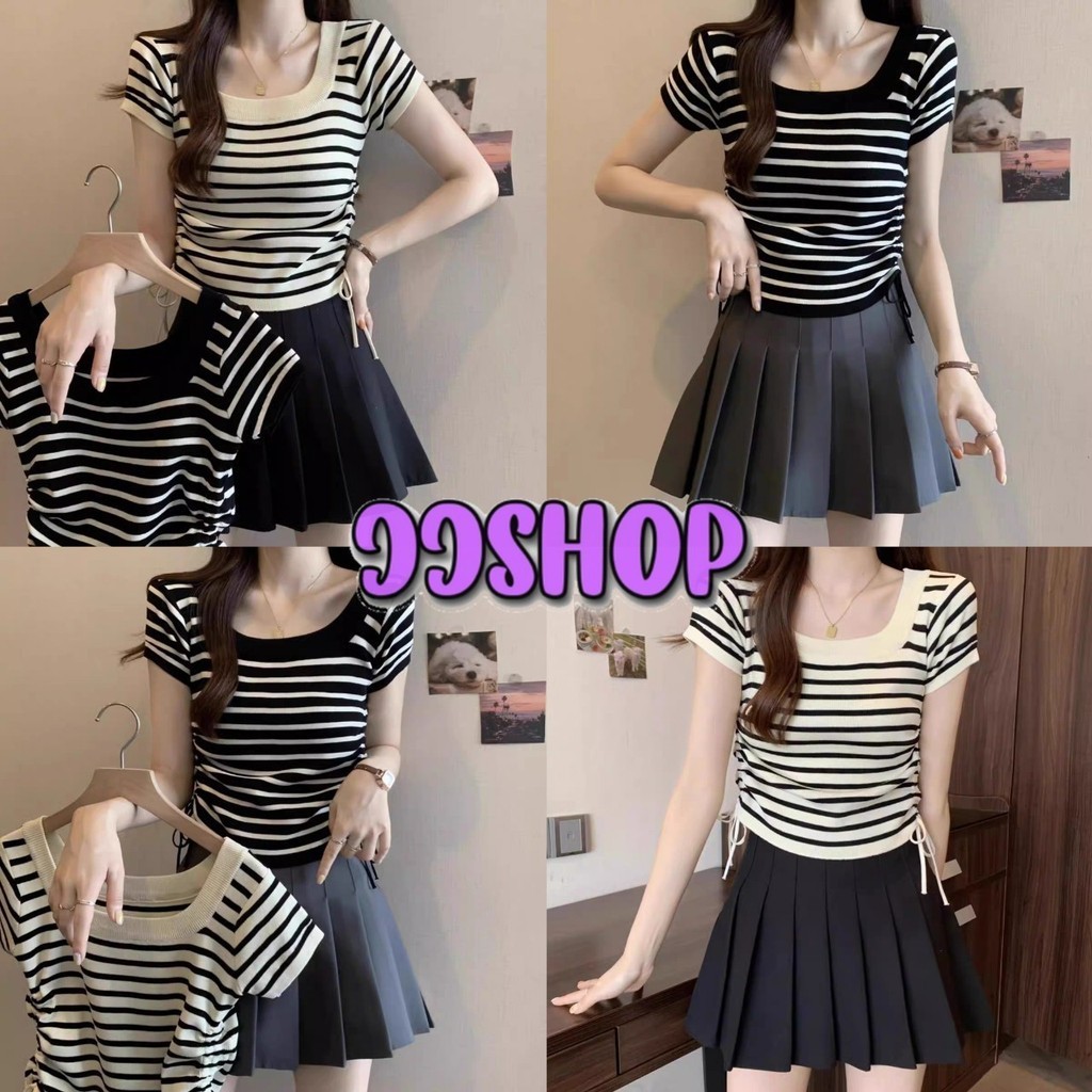 JJ Shop​ ​พร้อมส่ง เสื้อยืดไหมพรมแขนสั้น น่ารักสุดๆ คอเหลี่ยม ดีเทลลายทาง รูดด้านข้าง "88618-3"