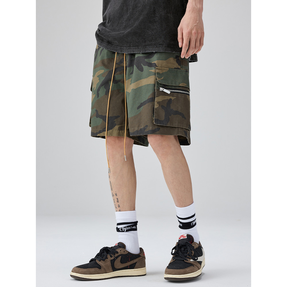 Chinism CH กางเกงขาสั้นลายพรางผู้ชาย American Street Wear Casual Drawstring Sports High Street ตรงกางเกงฤดูร้อนห้าจุด