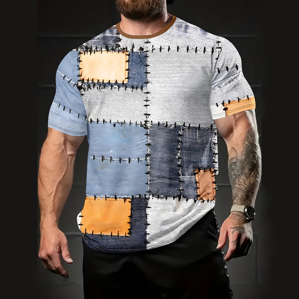เสื้อยืดผู้ชาย 3D Digital Patchwork Graphic พิมพ์เสื้อยืดแขนสั้น Comfy Casual Elastic ลูกเรือคอผู้ชายกิจกรรมกลางแจ้งด้านบน