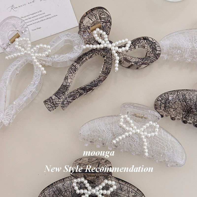 Moouga/multicolor ลูกไม ้ ลายขนาดกลางเก ๋ ไก ๋ โบว ์ มุกคว ้ าคลิปครึ ่ งคว ้ ากลับหัวกิ ๊ บติดผมอารมณ ์ คลิปฉลาม