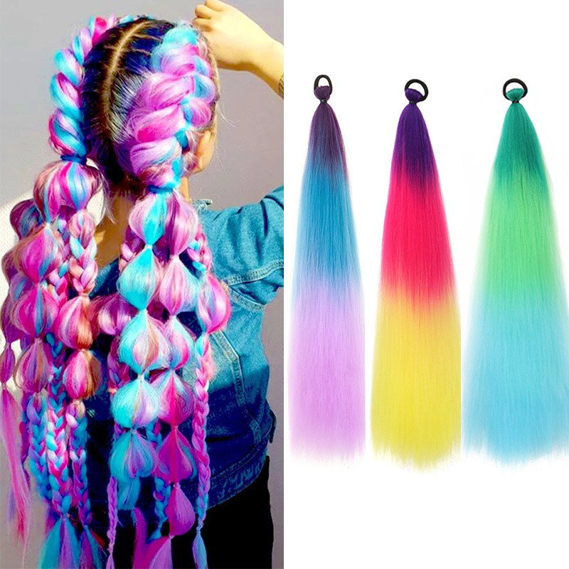 วิกผมหางม้าปลอมสีสันสดใสพร้อมแถบยางสําหรับสวมใส่ง่ายของเด็กผู้หญิง - รูปที่ 2